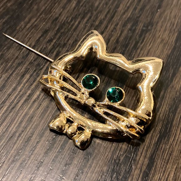 Gold Cat Face Rhinestone Pin Brooch (2 Inches) - Picture 5 of 5